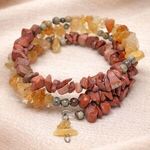 Red Jasper & Citrine Style Coil Wrap Bracelet – Natural Stone Boho Earthy – New